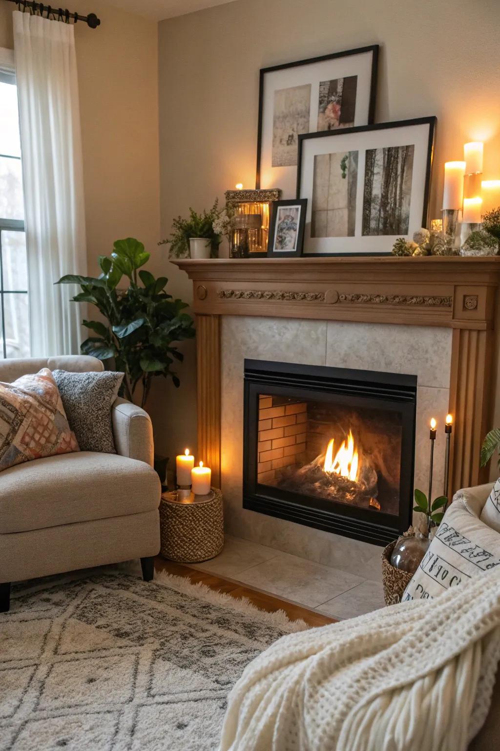 A corner fireplace adding warmth and ambiance to the room.