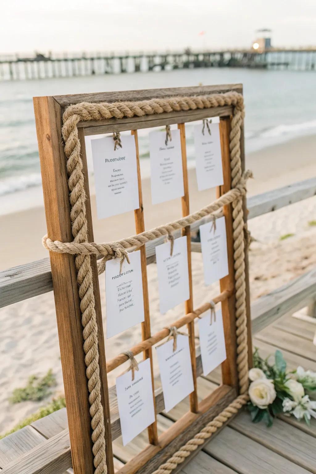 Nautical rope creatively used to display seating cards, adding a maritime touch to a coastal wedding.