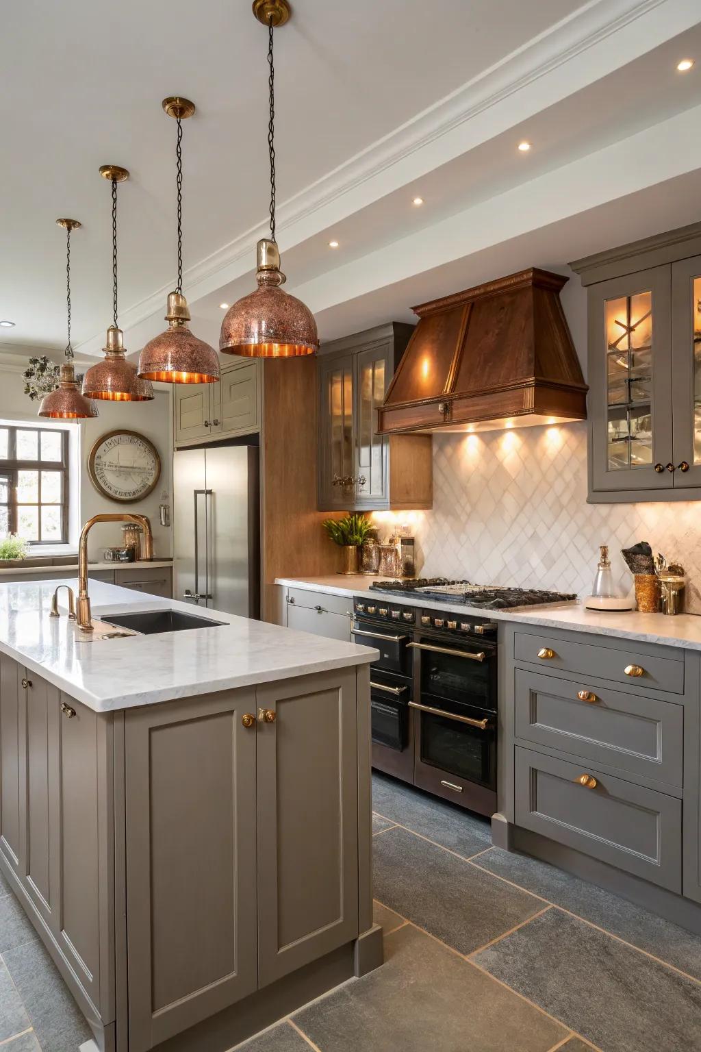 Copper finishes add cohesive luxury and timeless elegance to this kitchen.