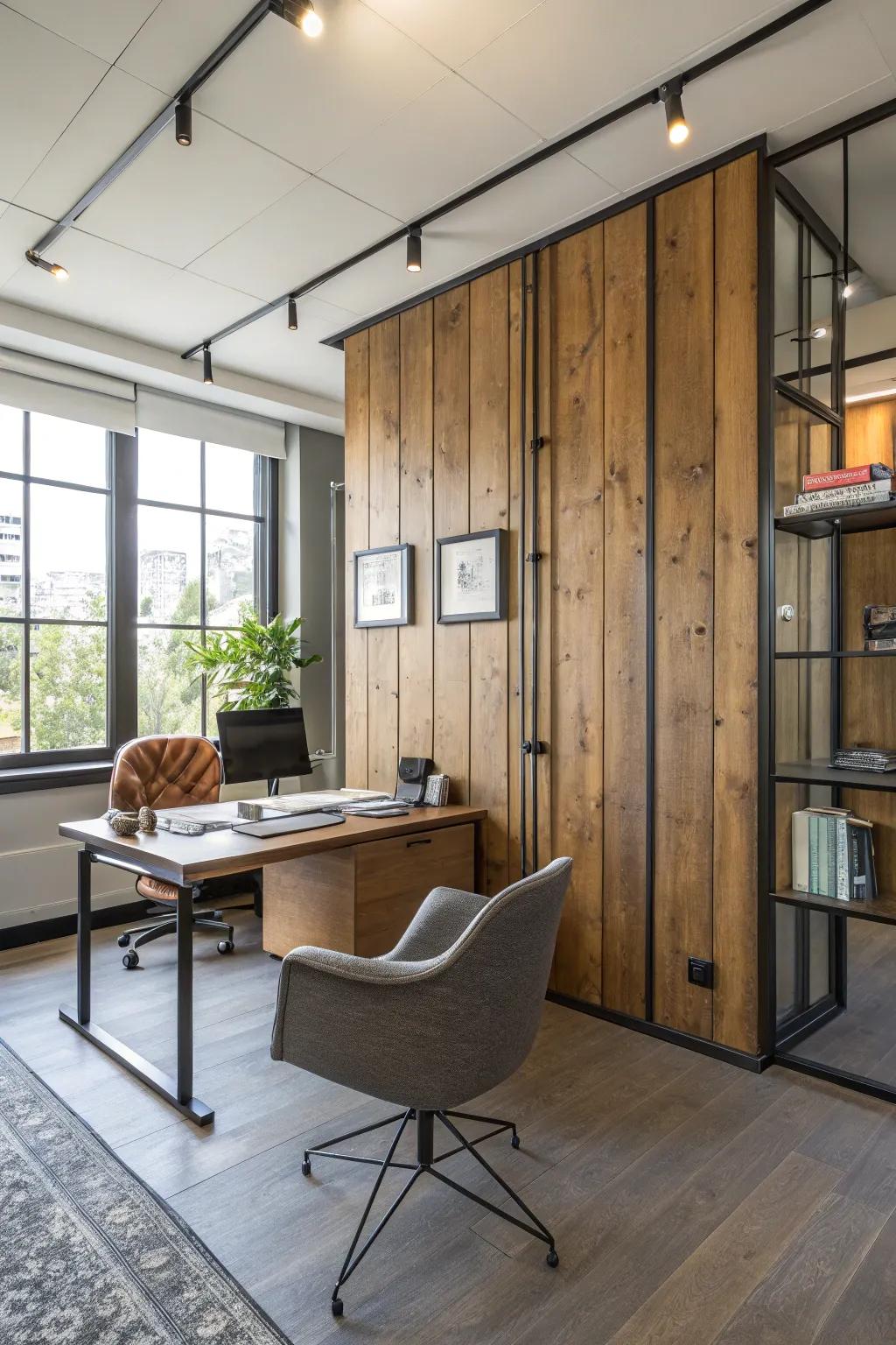 Office featuring wood paneling combined with modern metal accents.