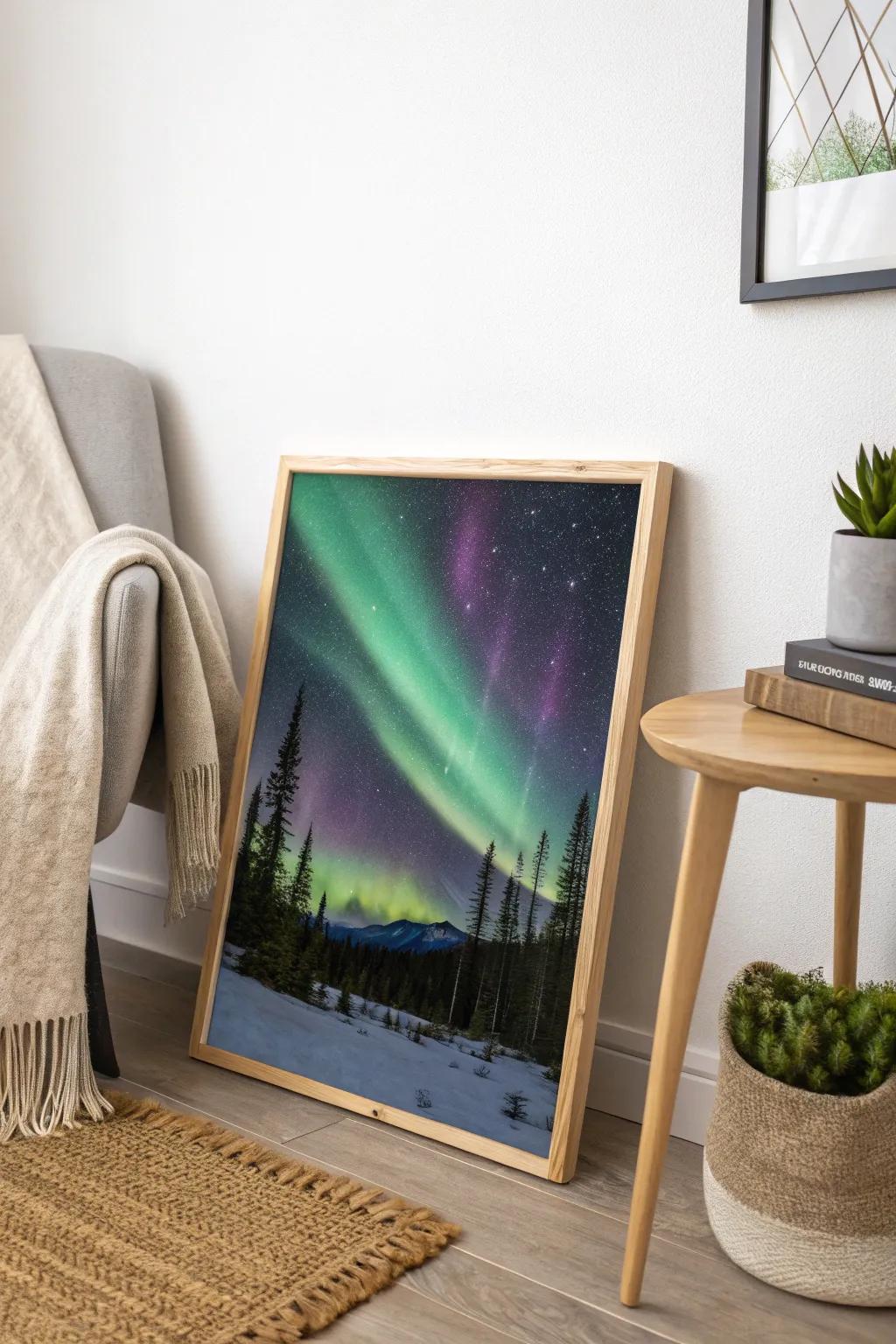 Bring the enchanting dance of the Northern Lights into your home with this stunning canvas piece. Perfect for adding a touch of magic and conversation to any minimalist space.