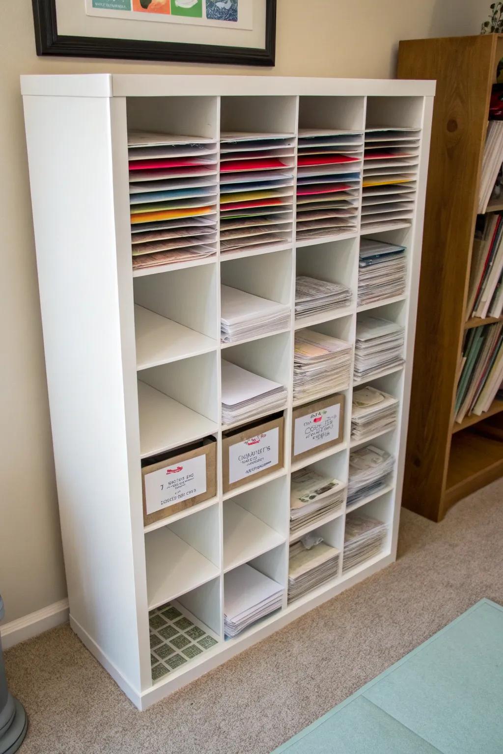 The IKEA Kallax unit with custom inserts is a stylish solution for organizing your paper stash.