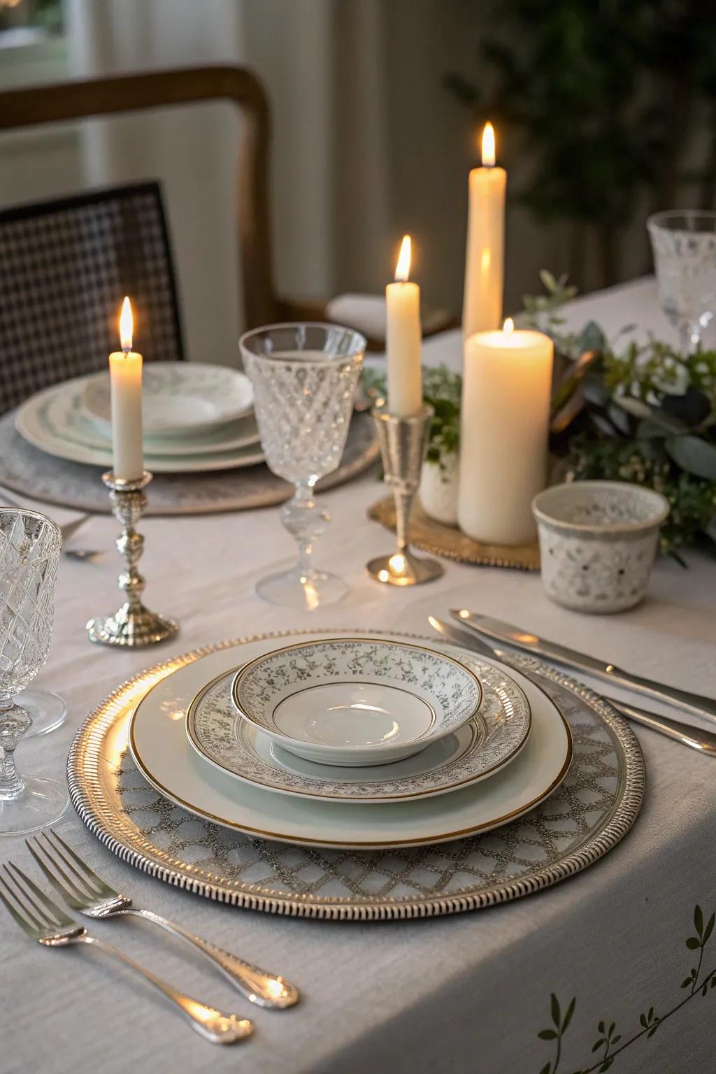 Silver-themed dinnerware brings sophistication to every meal.