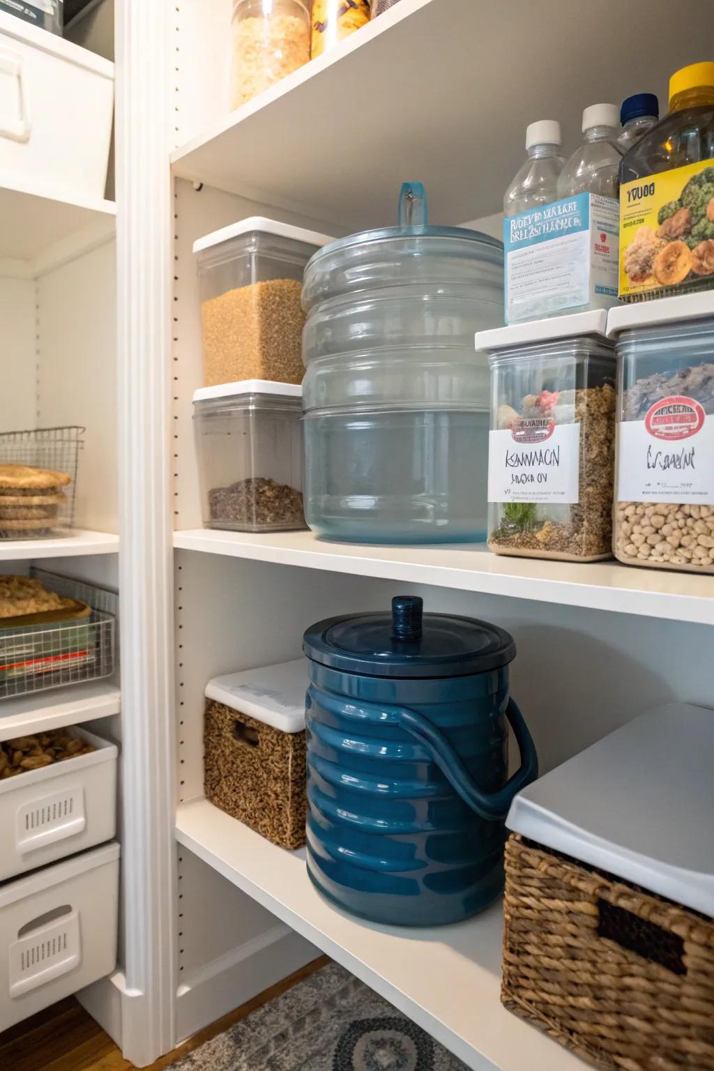 Utilize pantry shelves for discreet water jug storage.