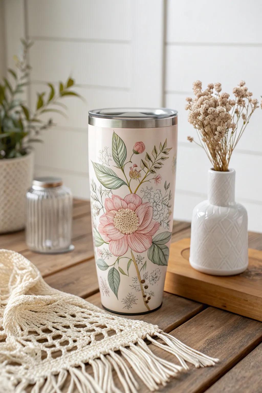 Celebrate elegance with a hand-painted floral tumbler, a perfect blend of minimalist and boho charm.