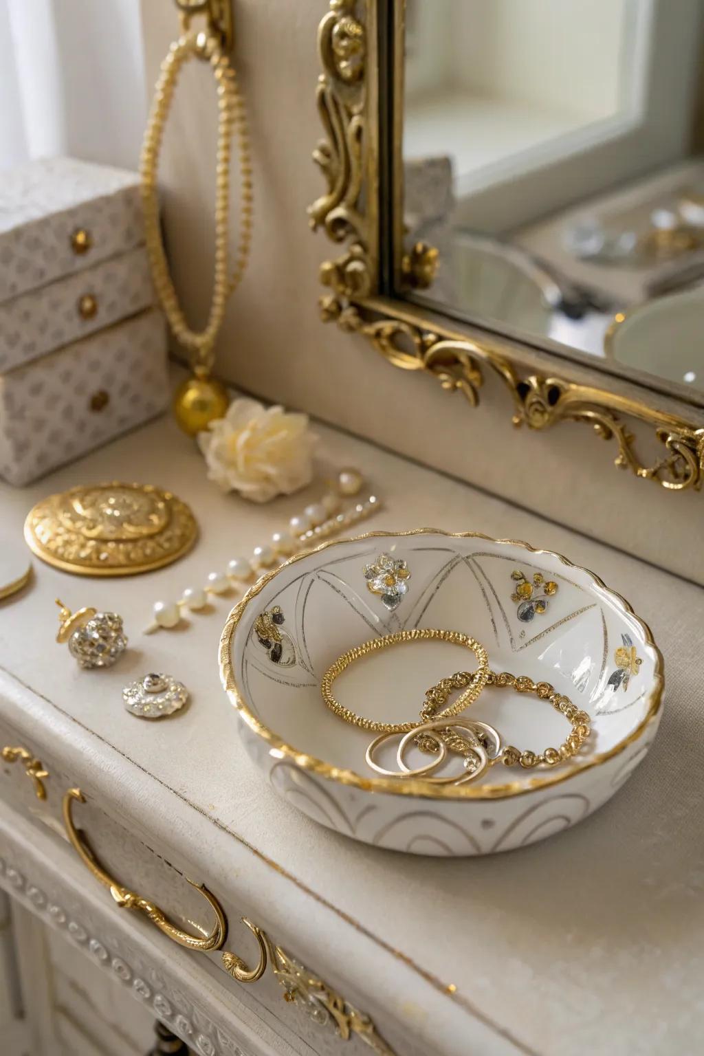 A personalized jewelry dish adds elegance to your mom's dresser.