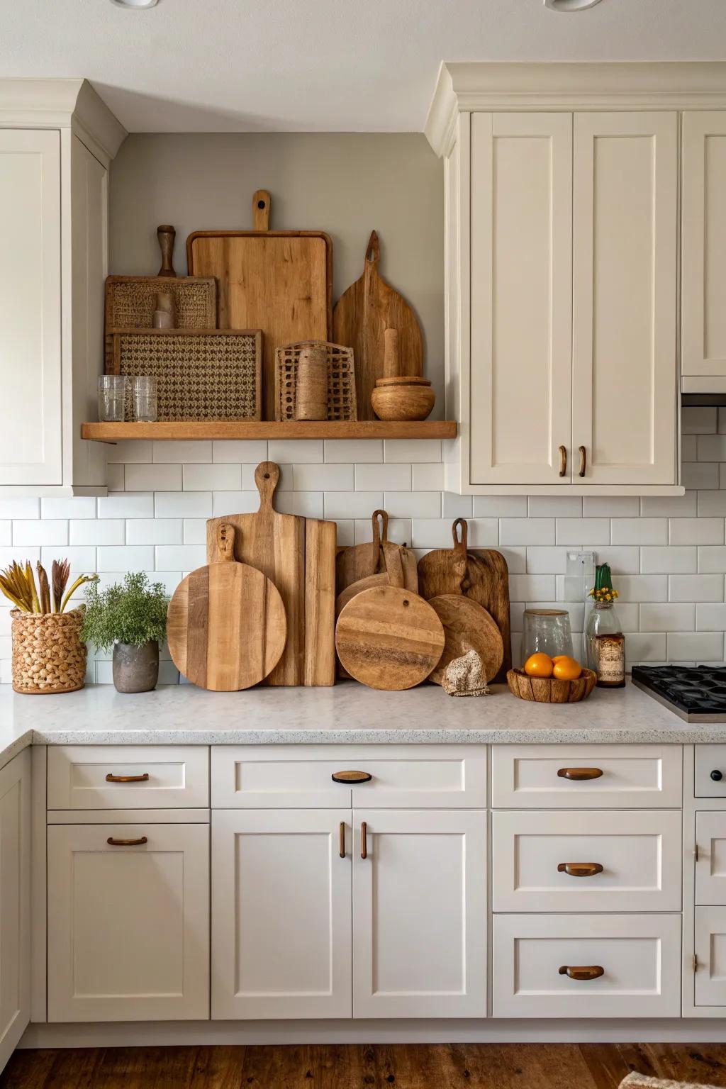 Wooden cutting boards add warmth and style above kitchen cabinets.