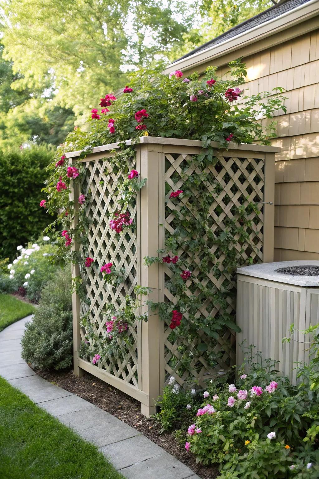 Lattice patterns provide both coverage and a canvas for greenery.