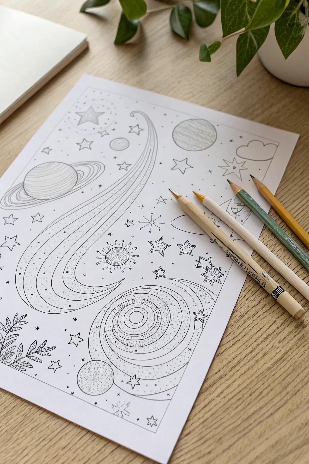 Explore the cosmos with each stroke: Dive into the elegance of celestial coloring artistry.