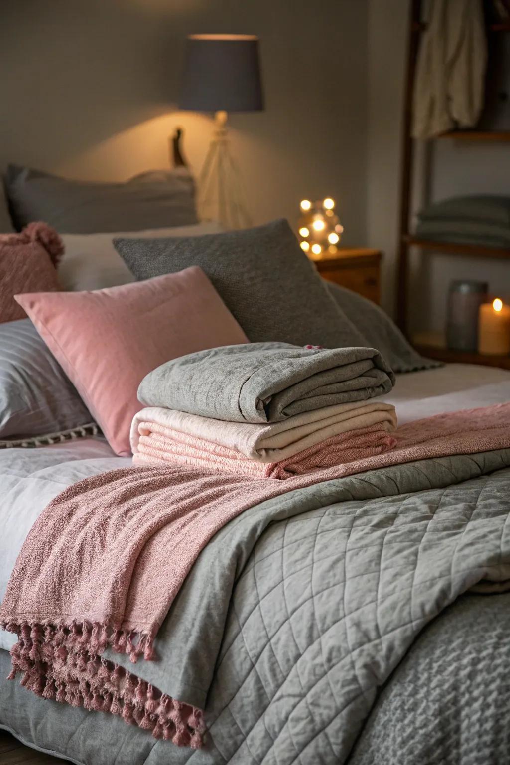 Layered textiles in pink and grey create a cozy and inviting bed.