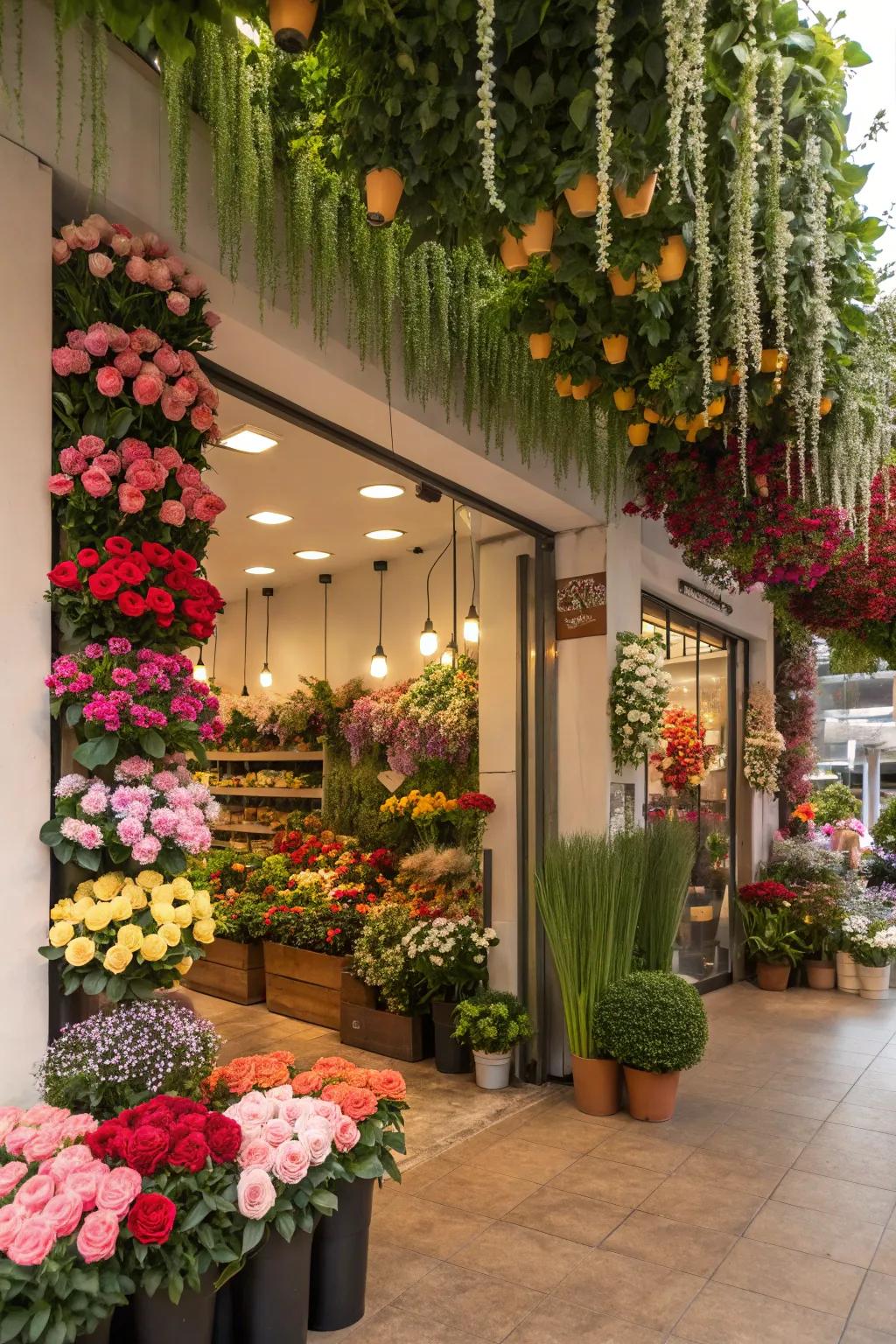 Feature wall with hanging floral arrangements