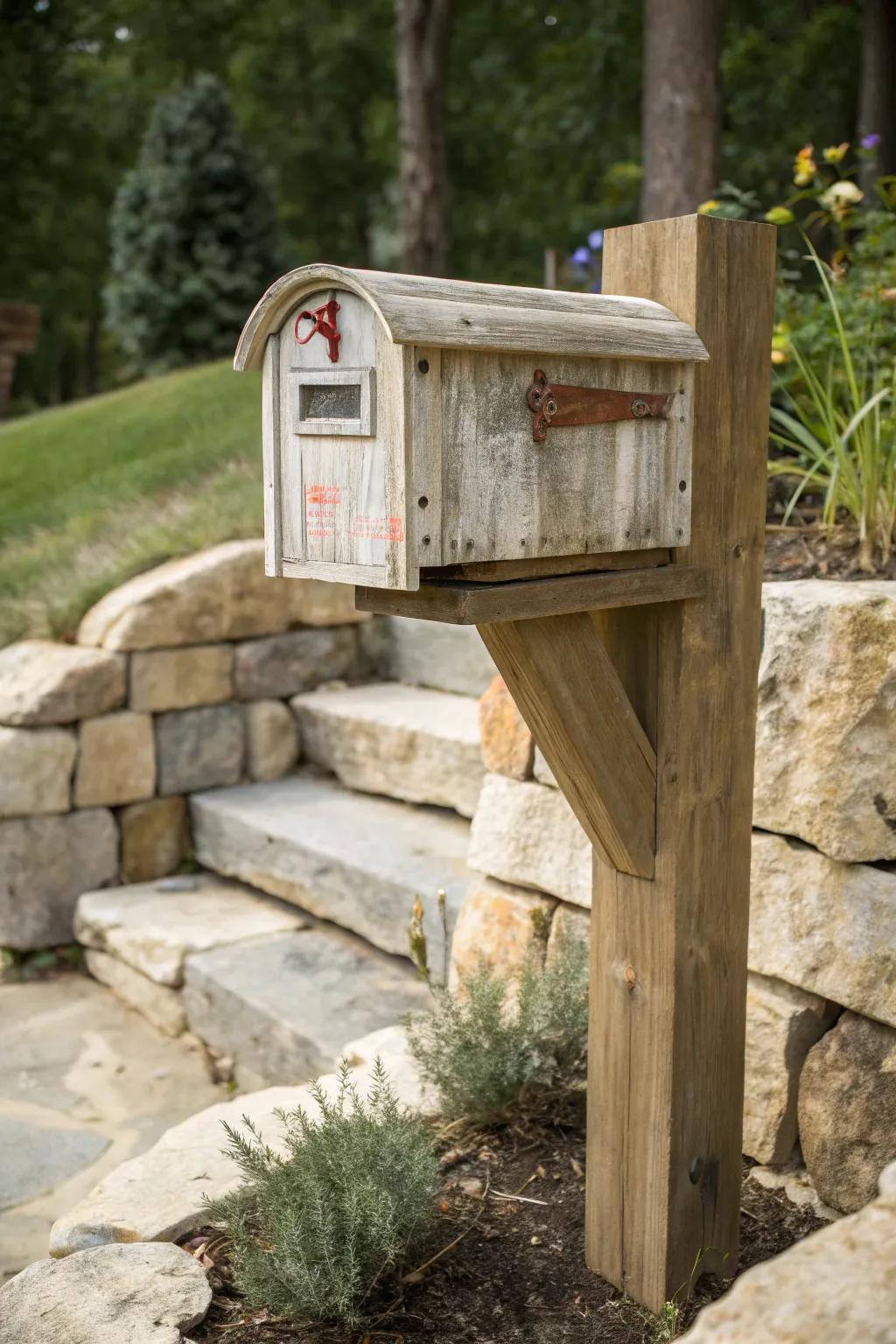 A rustic wooden mailbox with an elegantly aged appearance.