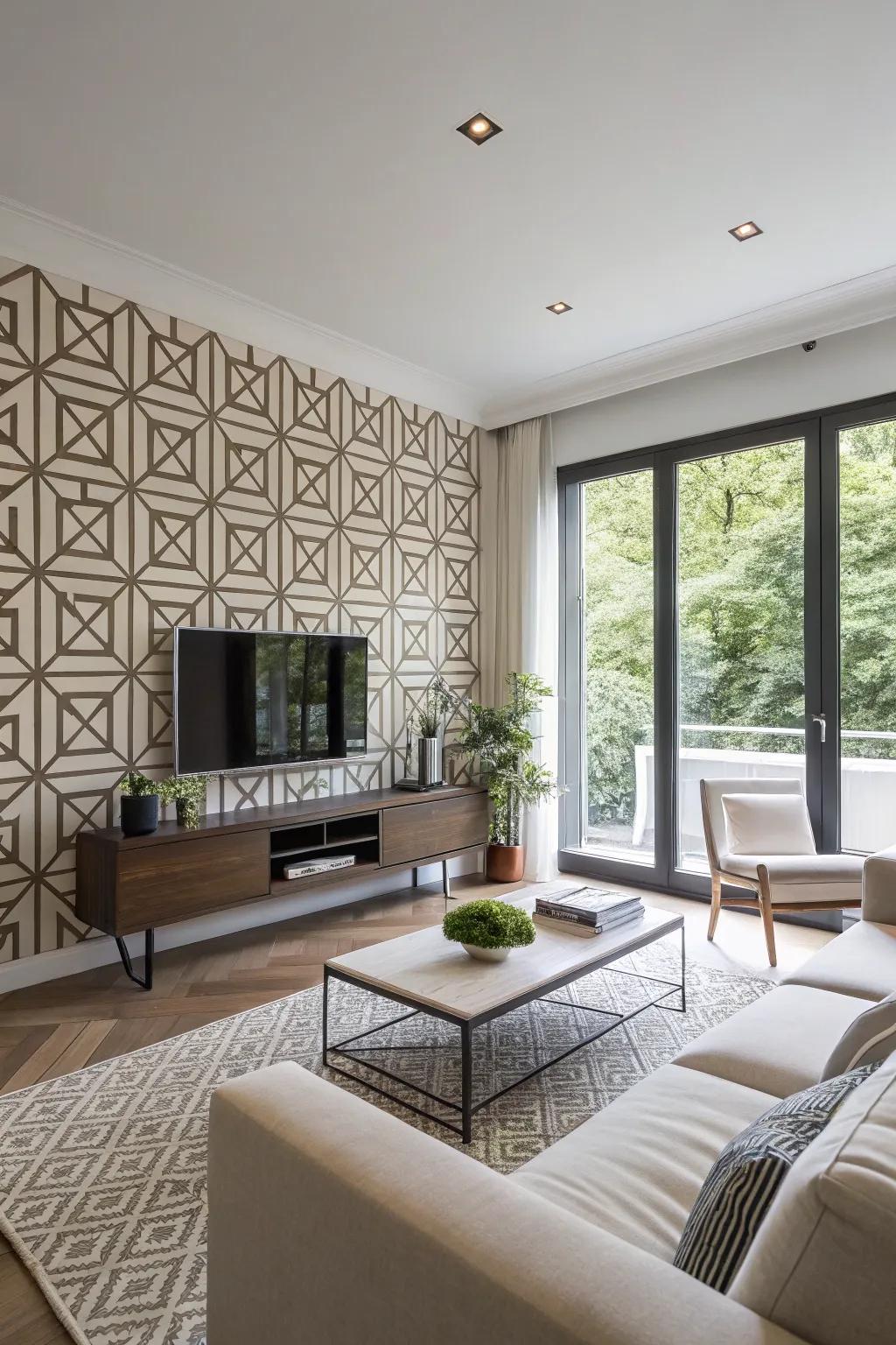 A living room featuring bold geometric wallpaper as a focal point.