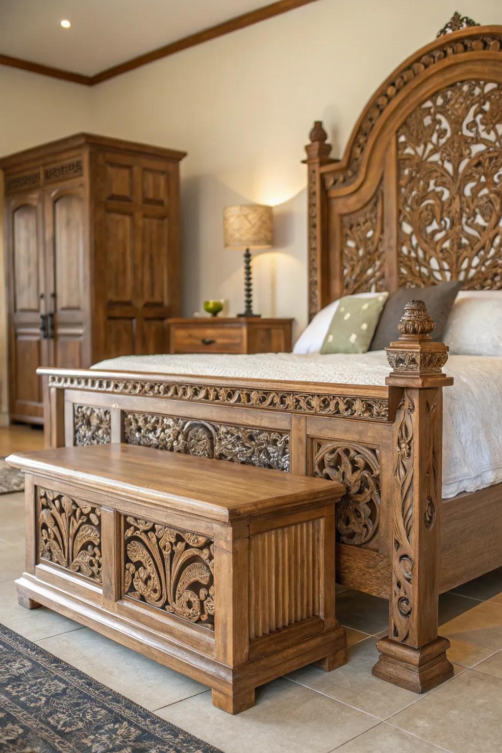 A bedroom featuring intricately carved wooden furniture for an African touch.