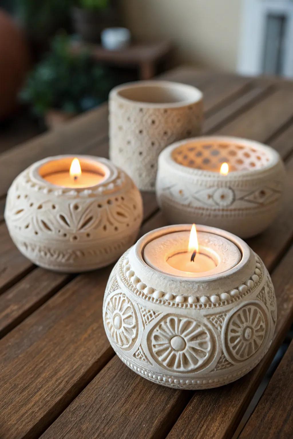 Light up your home with handcrafted air dry clay candle holders.