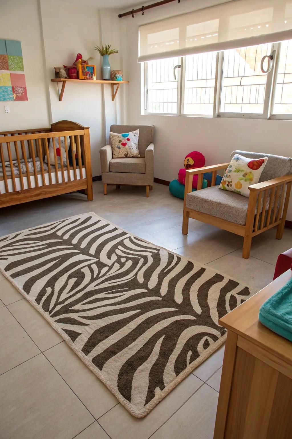 Animal-print rugs add a playful touch to the floor.