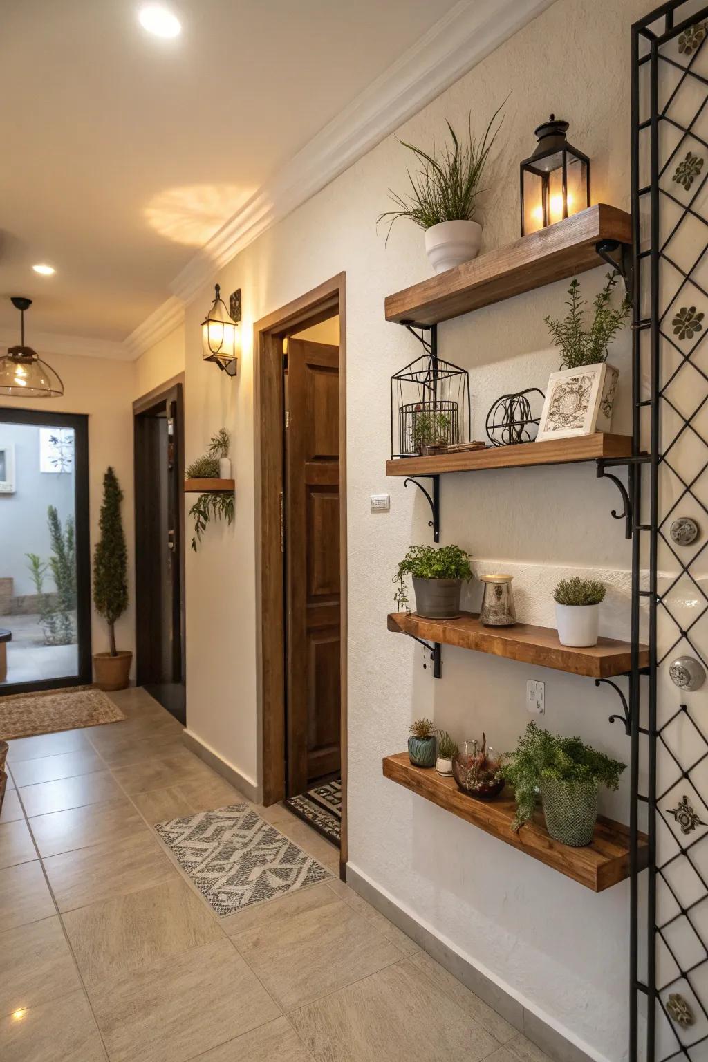 Floating shelves maximize vertical space in entryways.