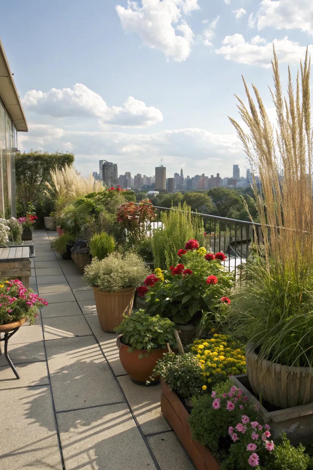 Creative use of potted plants brings life to apartment terraces.