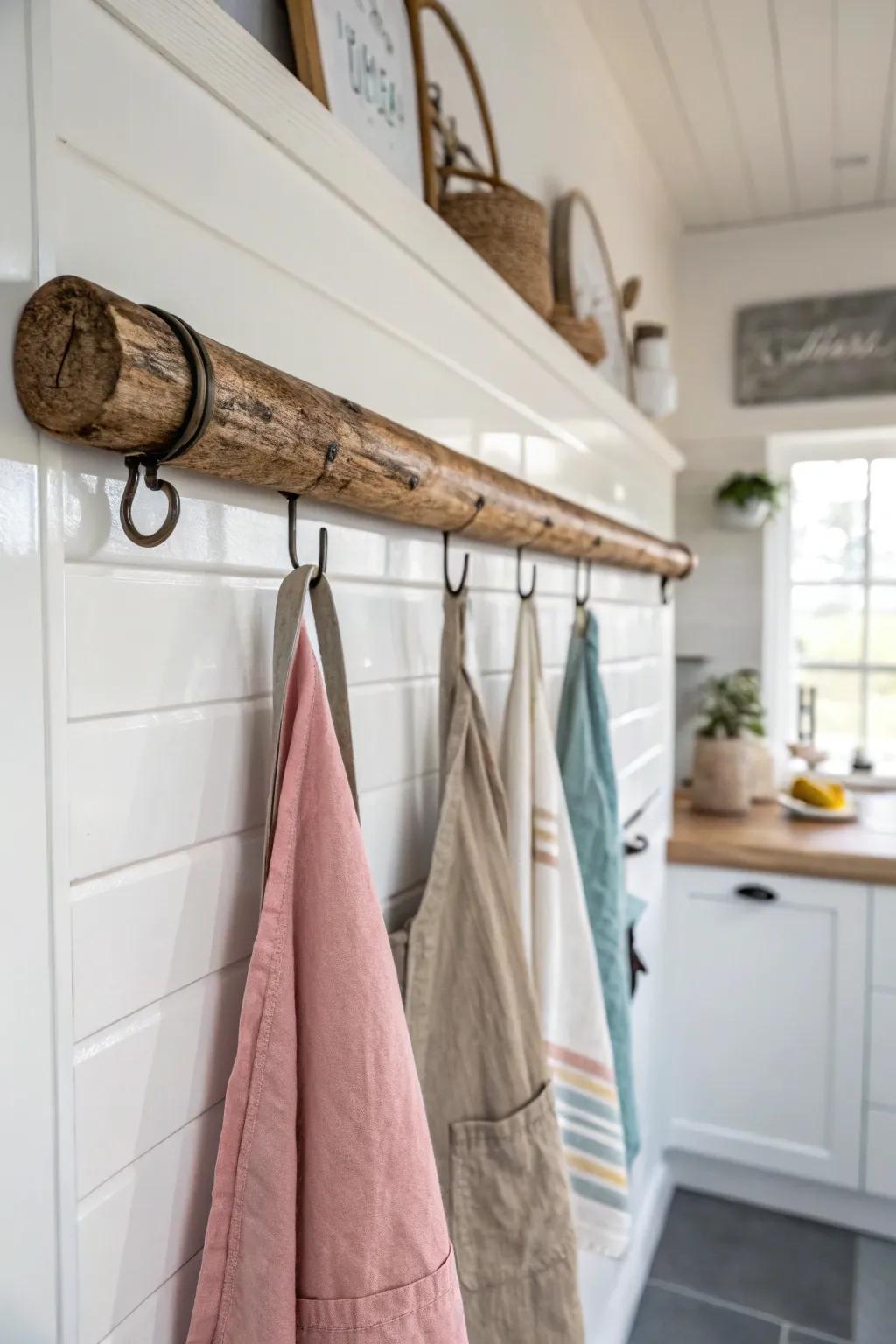 Embrace rustic charm with a reclaimed wooden rod for your aprons, blending Scandinavian simplicity with boho warmth.