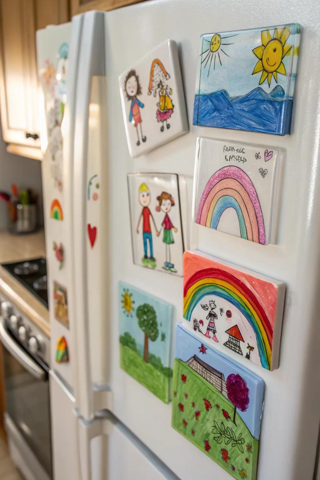 Charming glass magnets showcasing children's artwork, perfect for display.