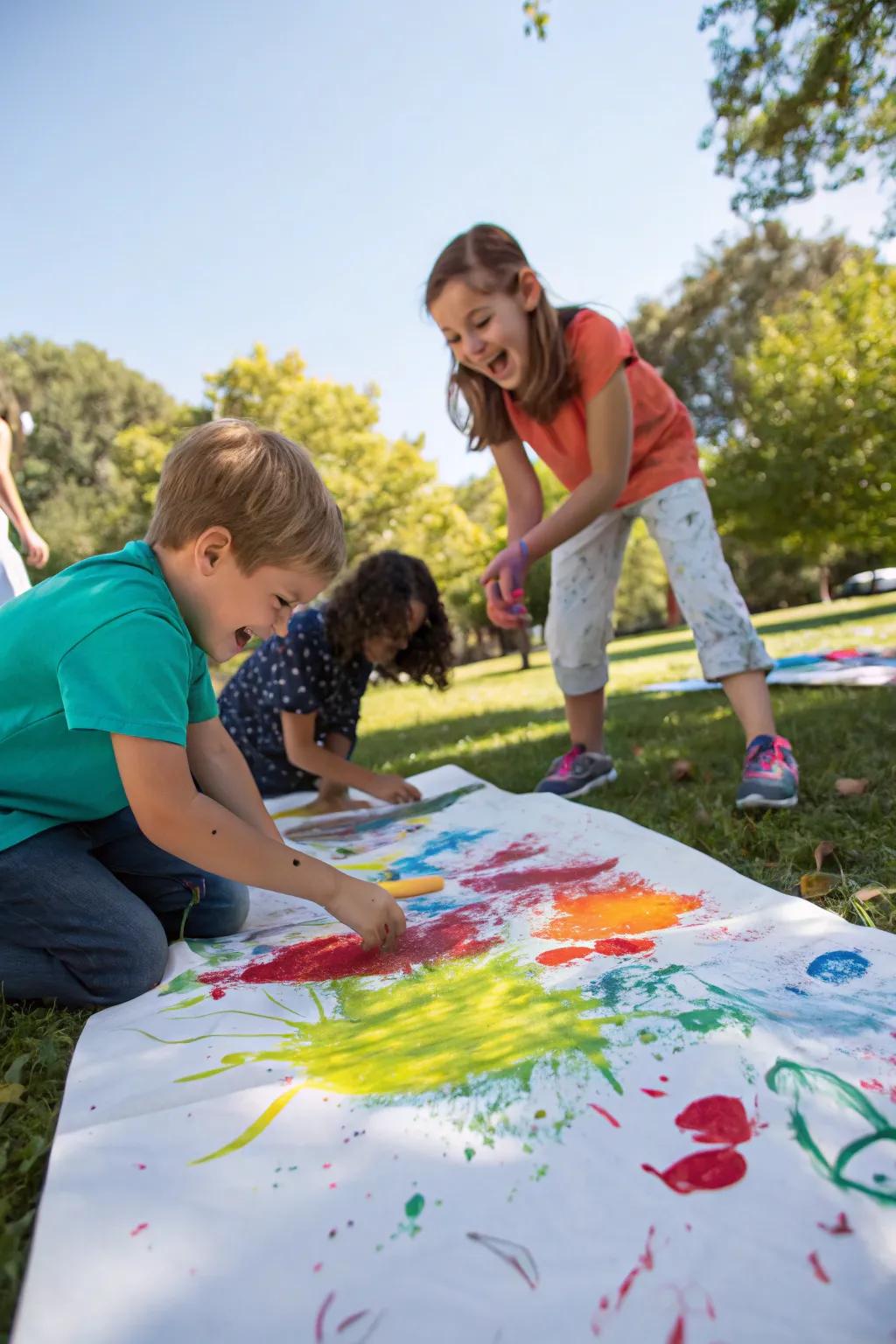 Children joyfully engaged in splat painting, creating colorful chaos on large paper canvases.