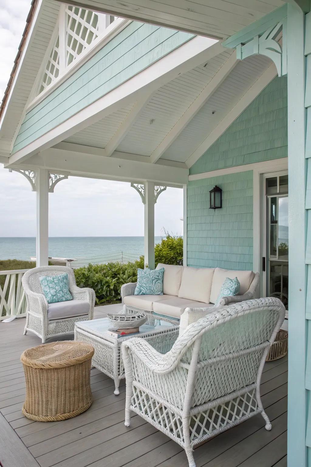 Coastal vibes with light blue hues and airy design.