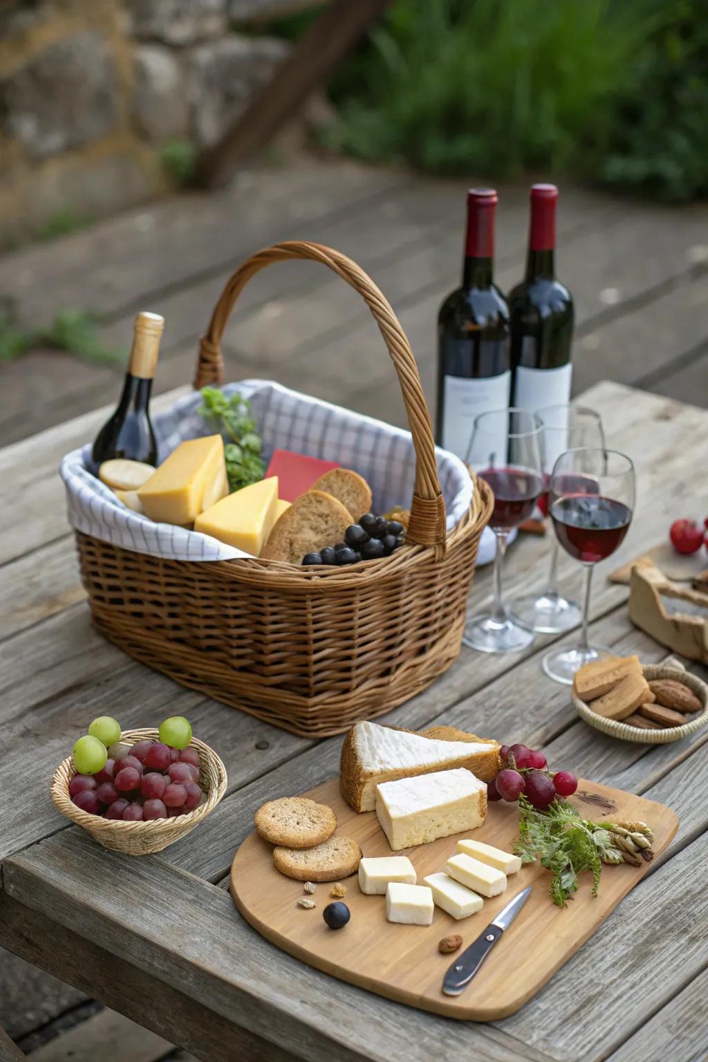 Elevate your evenings with a wine and cheese connoisseur basket.