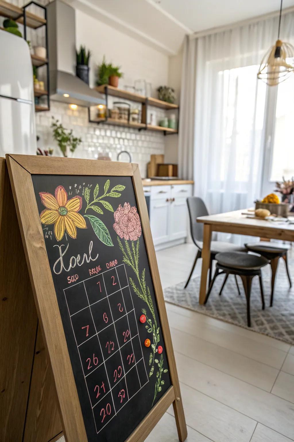 A floral-themed chalkboard calendar that brings a bit of the outdoors inside.