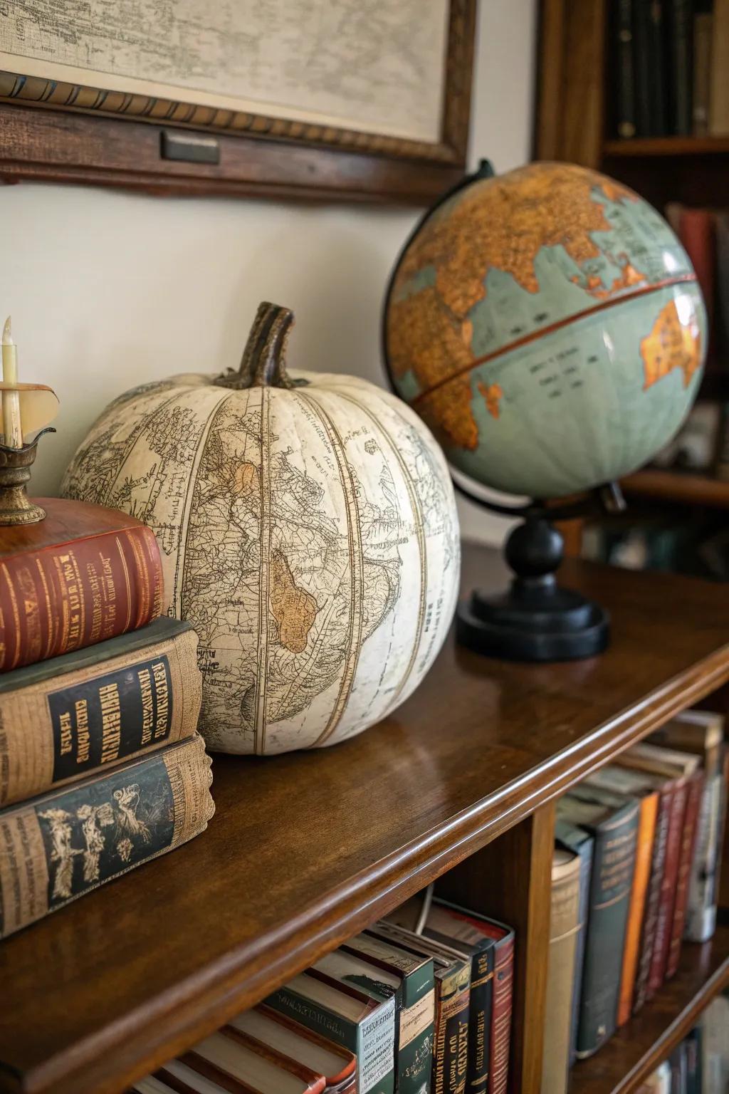 A pumpkin with vintage map decoupage, perfect for adding a unique touch to any space.