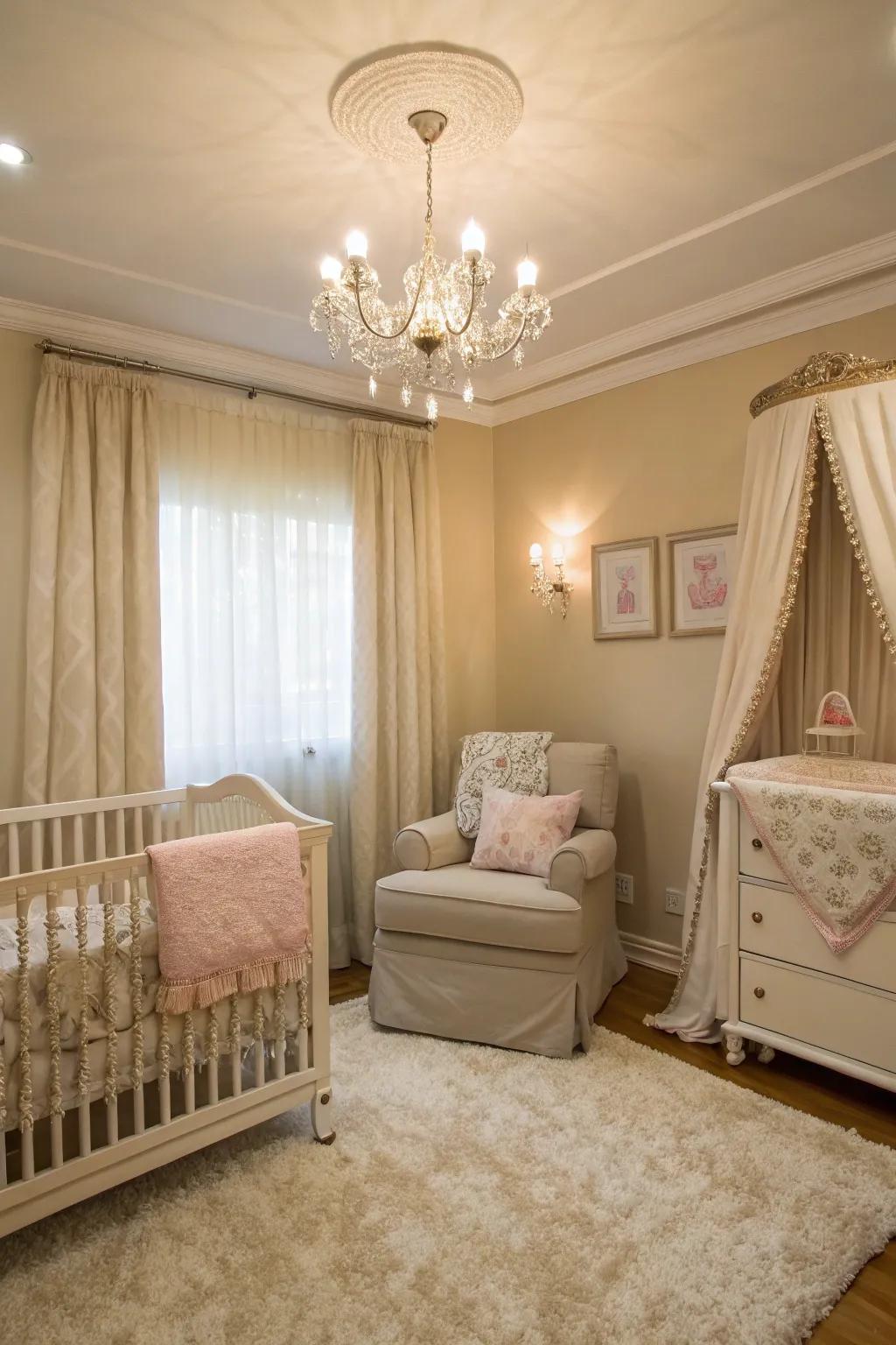 Neutral tones offer timeless elegance in a nursery setting.