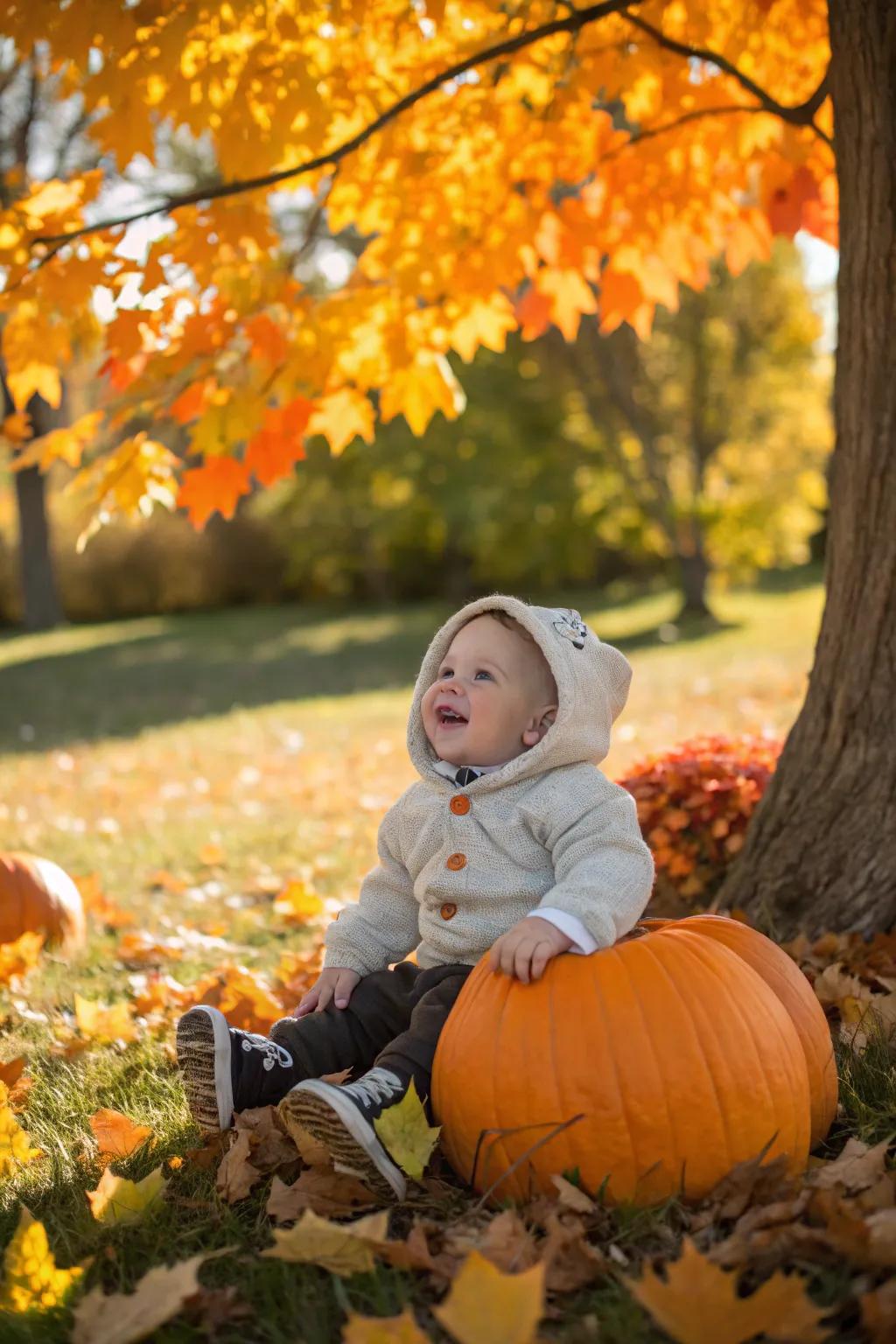 Natural light and fall leaves create a magical setting.