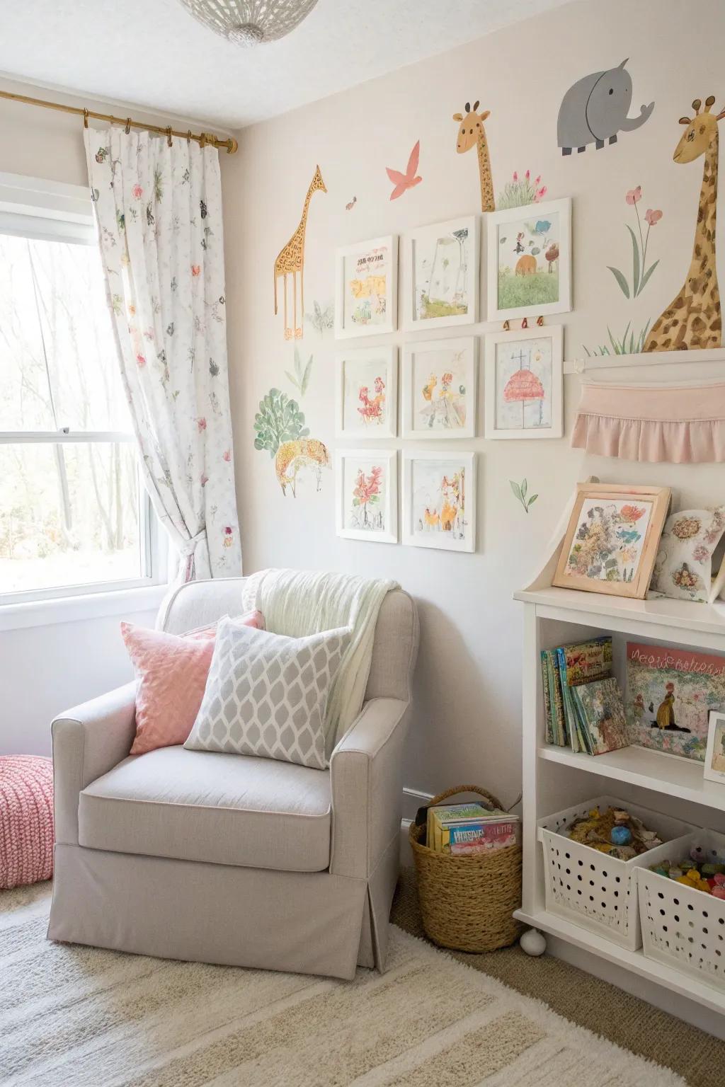 Whimsical wall art adds charm to the nursery.