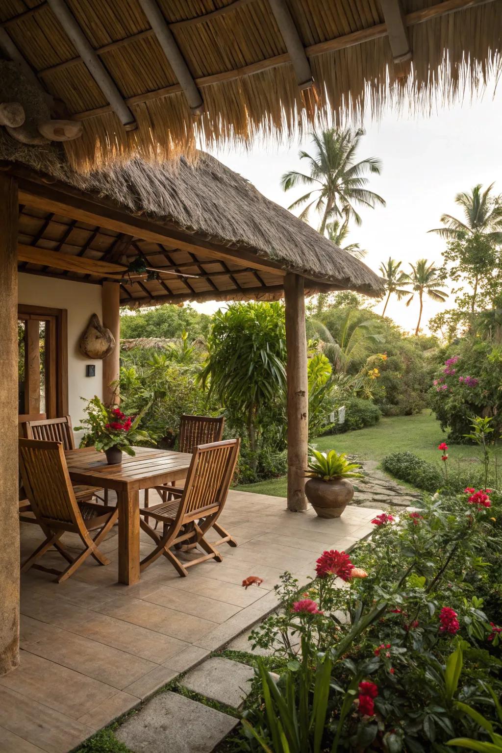 A thatched roof brings tropical rustic charm to your porch.