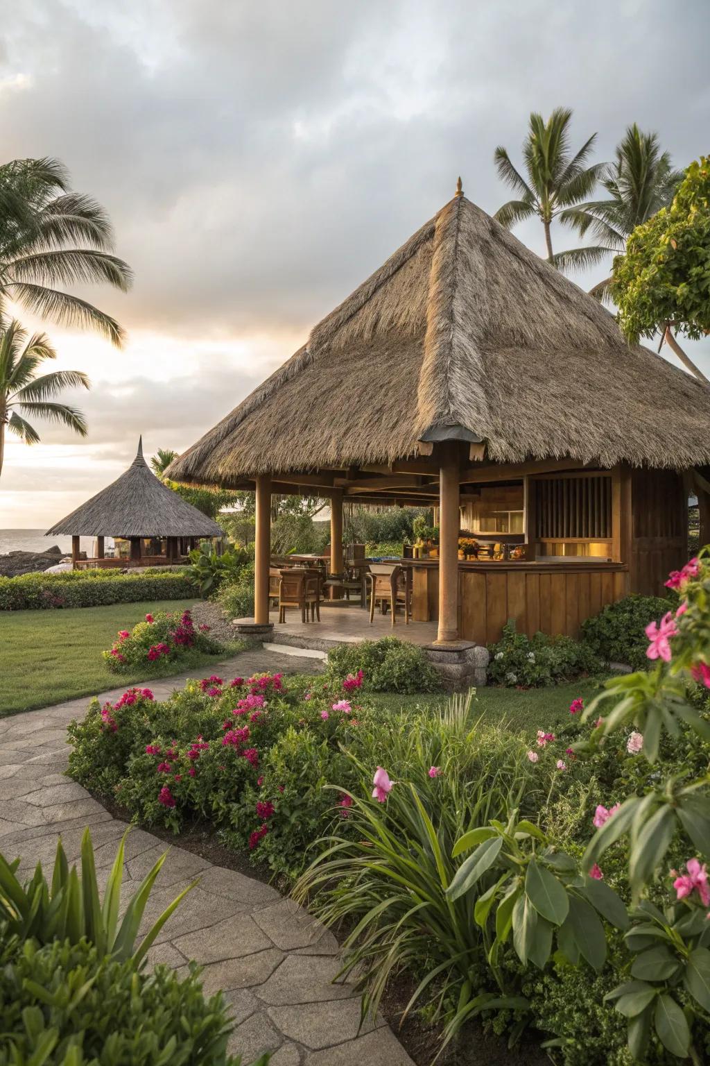 A thatched roof adds traditional charm to your tiki hut.