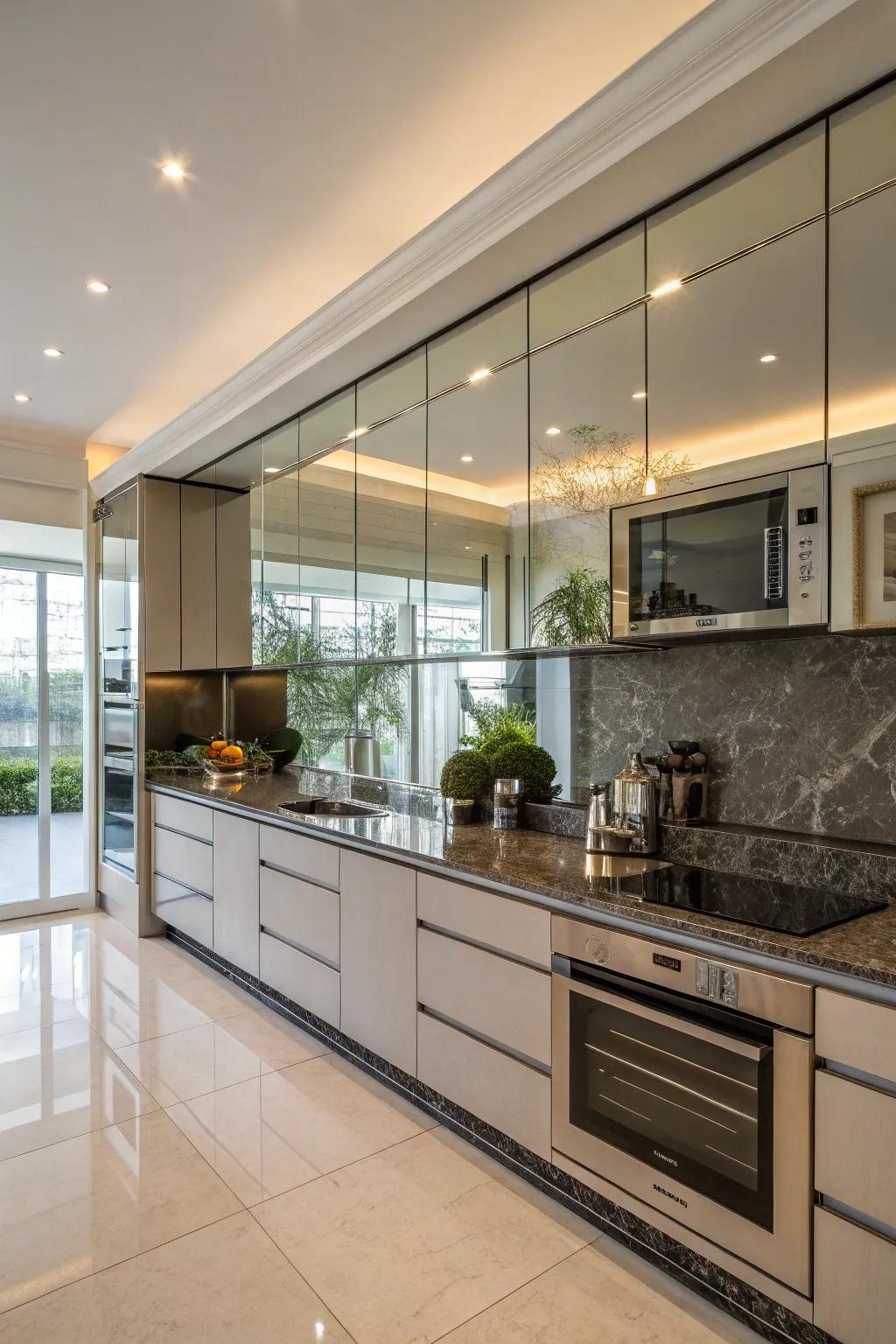 Mirrored panels amplify light and space in a cozy kitchen.