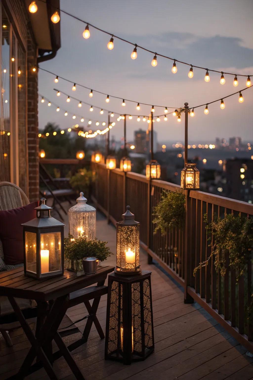 Ambient lighting transforms your balcony into a nighttime haven.