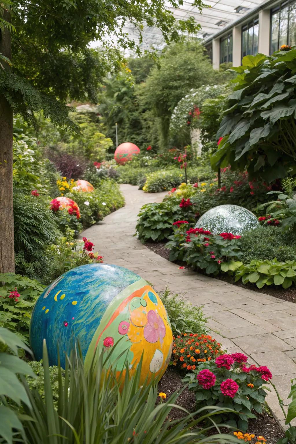 Enhance your garden with vibrant sphere sculptures.