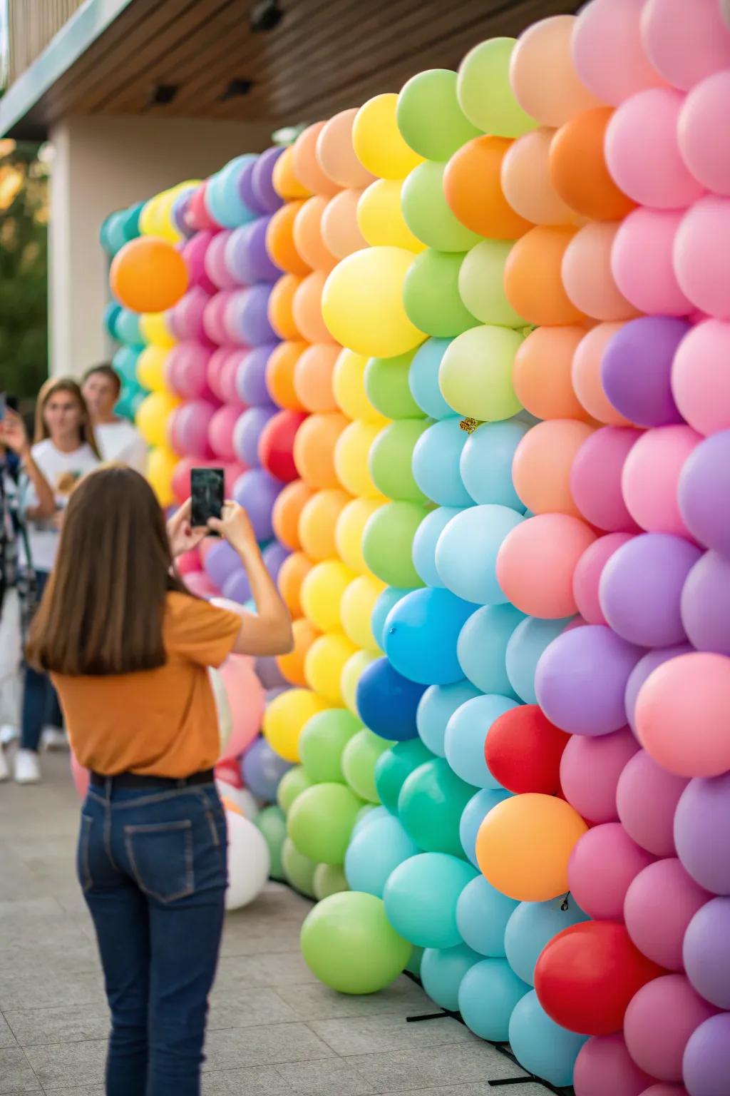 A vibrant balloon wall backdrop.