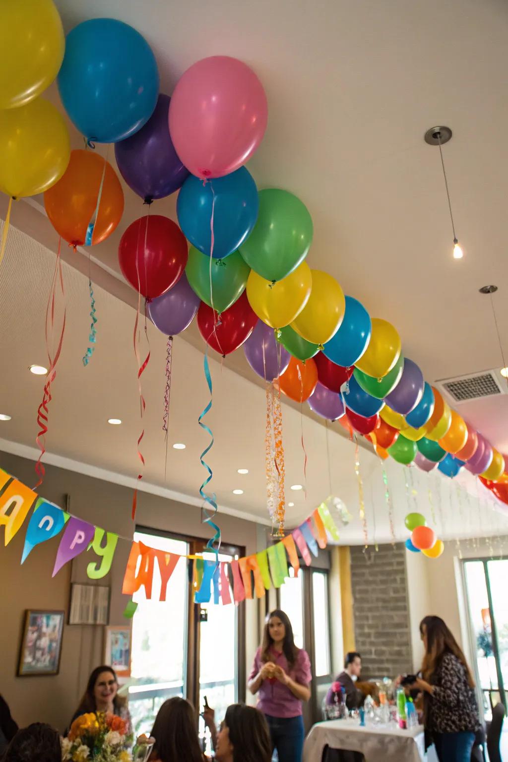 A ceiling full of balloons creates a magical party ambiance.