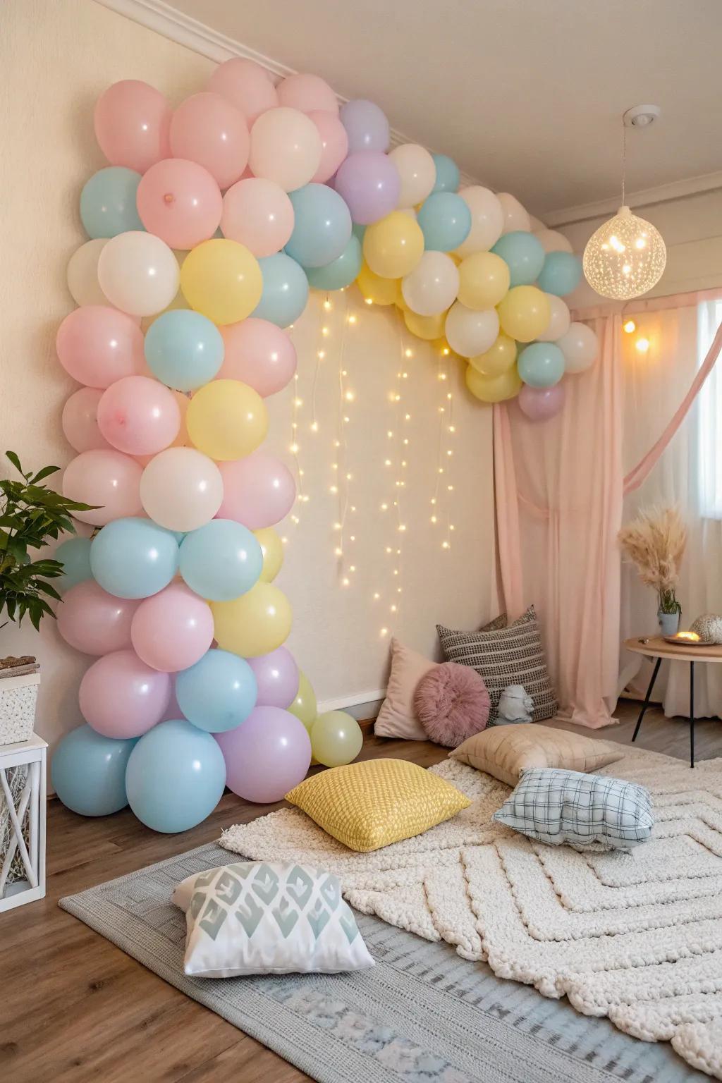 A pastel balloon wall creates a stunning backdrop for your special moments.