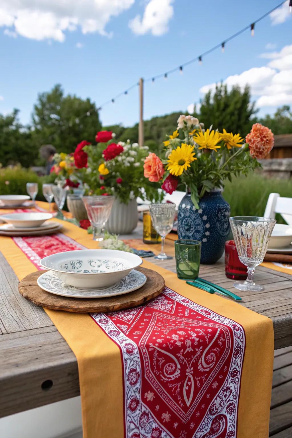 Bandana table runner adds a festive feel to your dining setup.