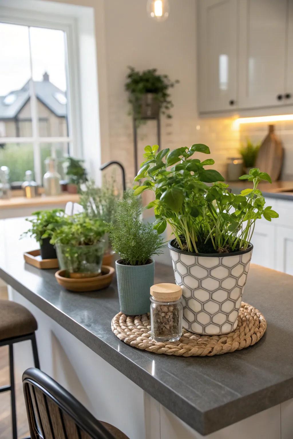 Greenery adds a touch of nature to this chic bar table.