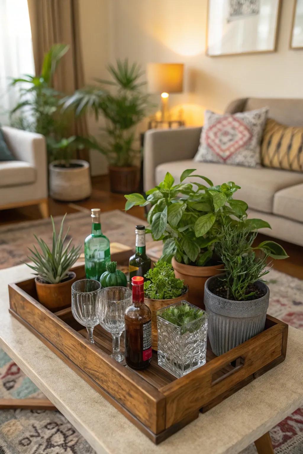 Add warmth with a wooden tray and greenery.