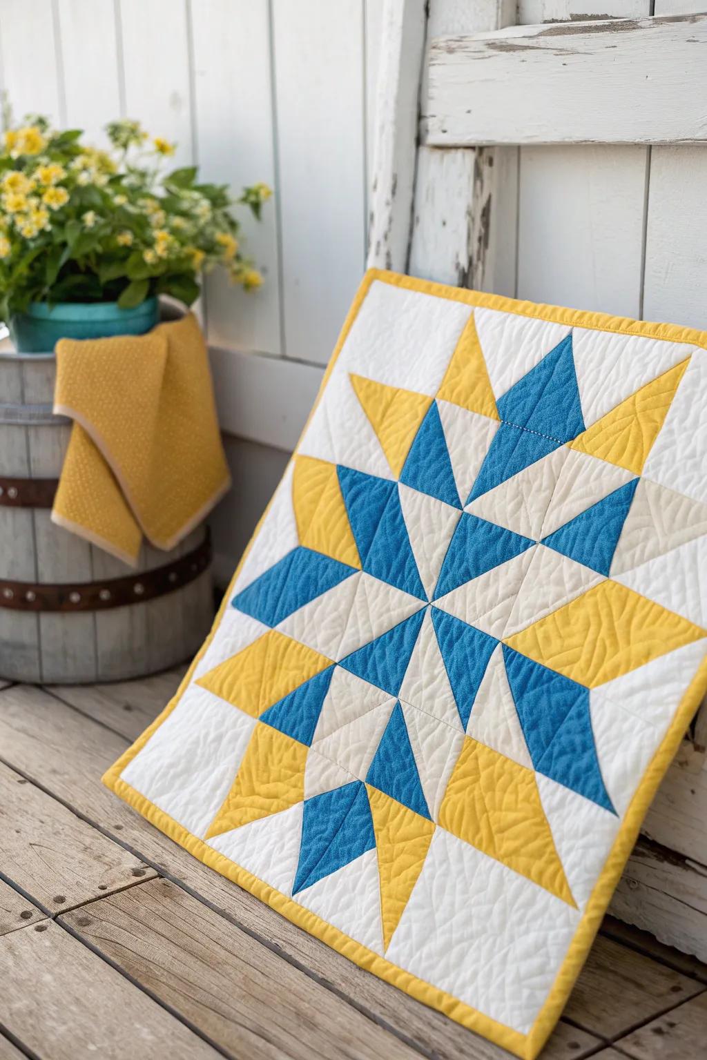Embrace the warmth of a summer day with this sunny yellow and bright blue barn quilt, a perfect blend of simplicity and cheer.