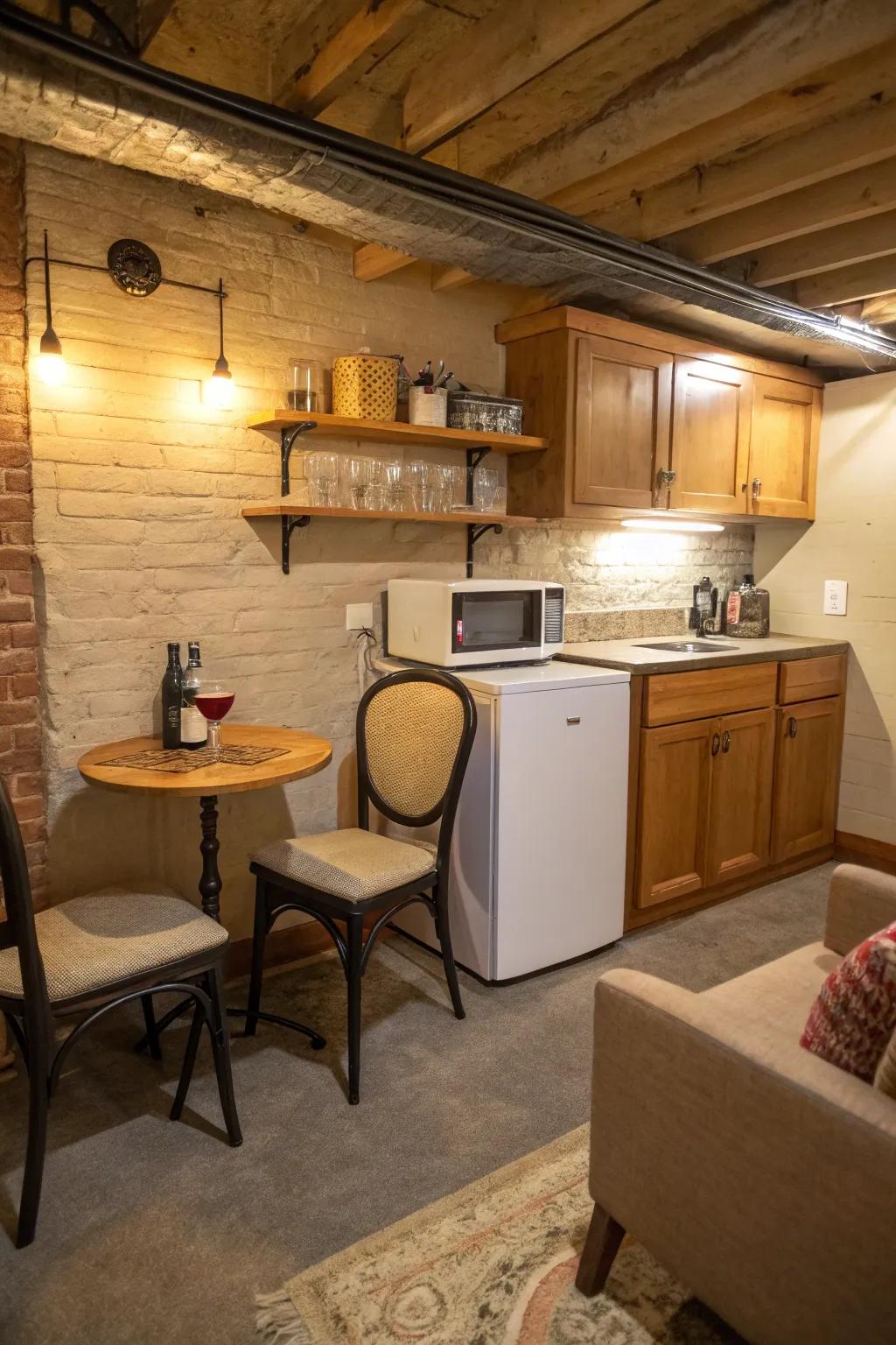 A corner kitchenette is a smart solution for small basement spaces.