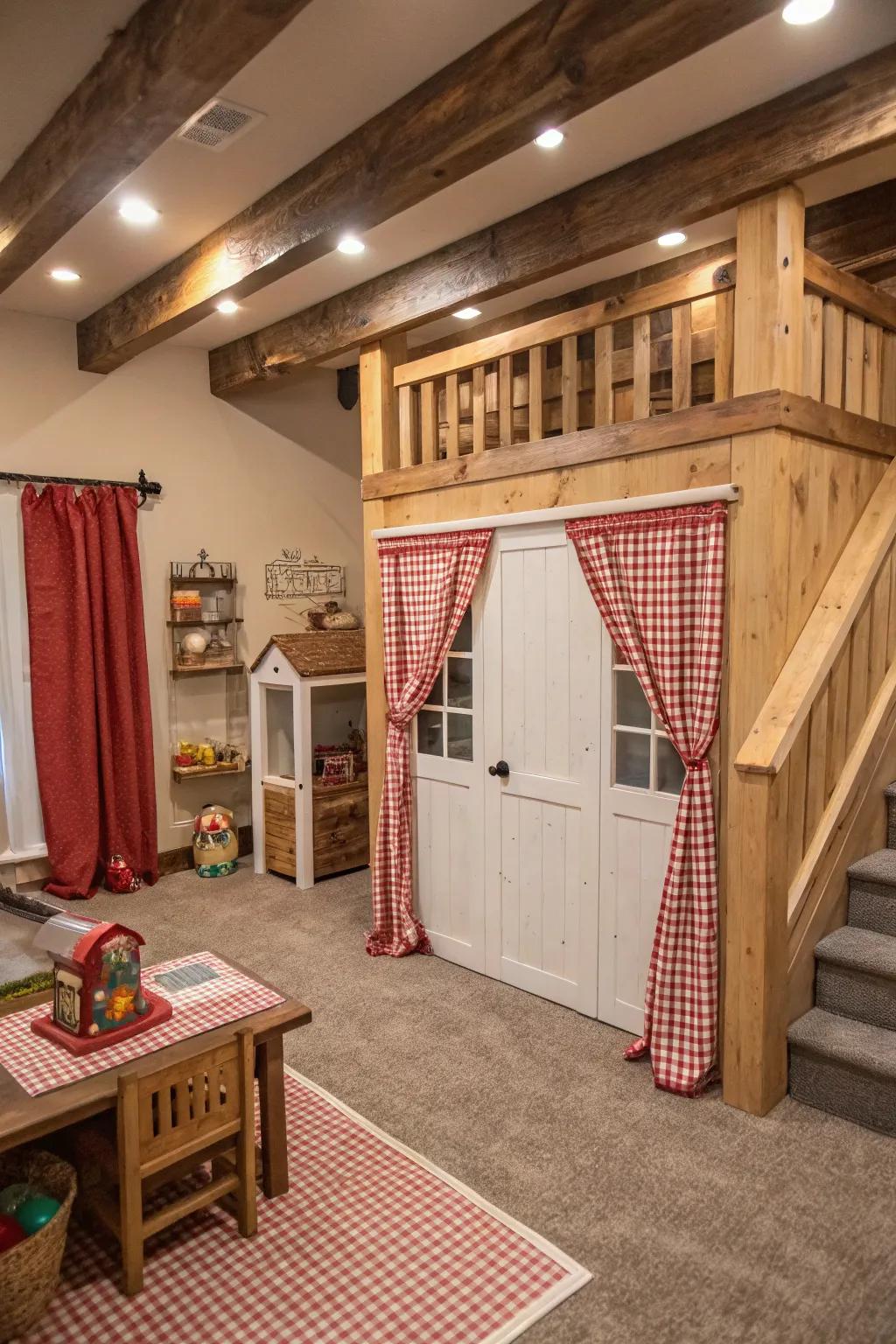 Embrace rustic charm with a farmhouse-themed playhouse.