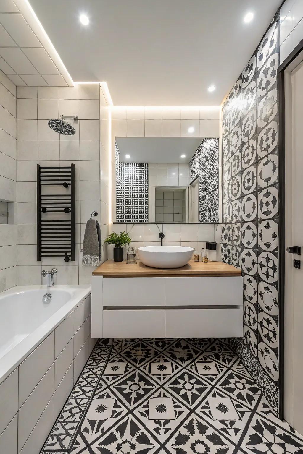 Bold graphic tiles create a striking bathroom focal point.