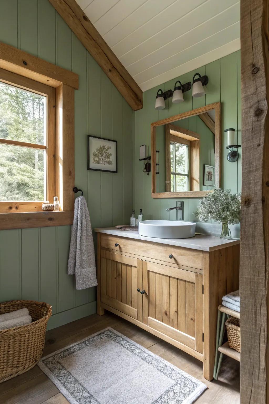 Sage green walls create a serene and earthy bathroom environment.