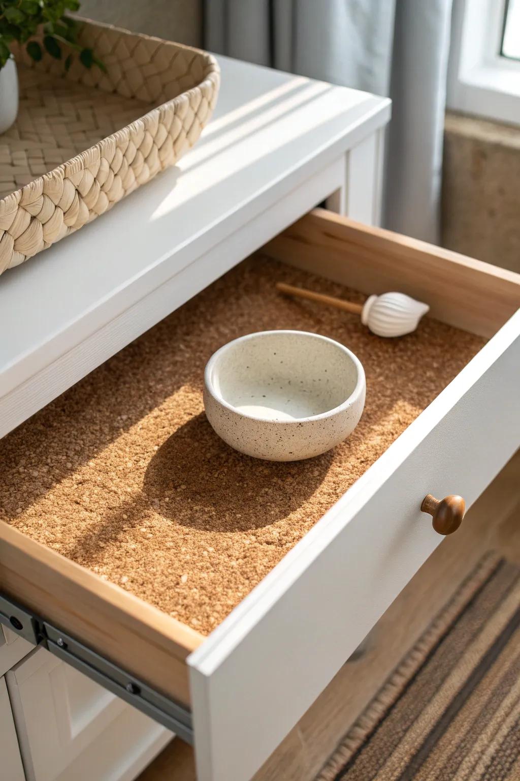 Transform your bathroom with the natural elegance of cork drawer liners, blending minimalist design with boho warmth.