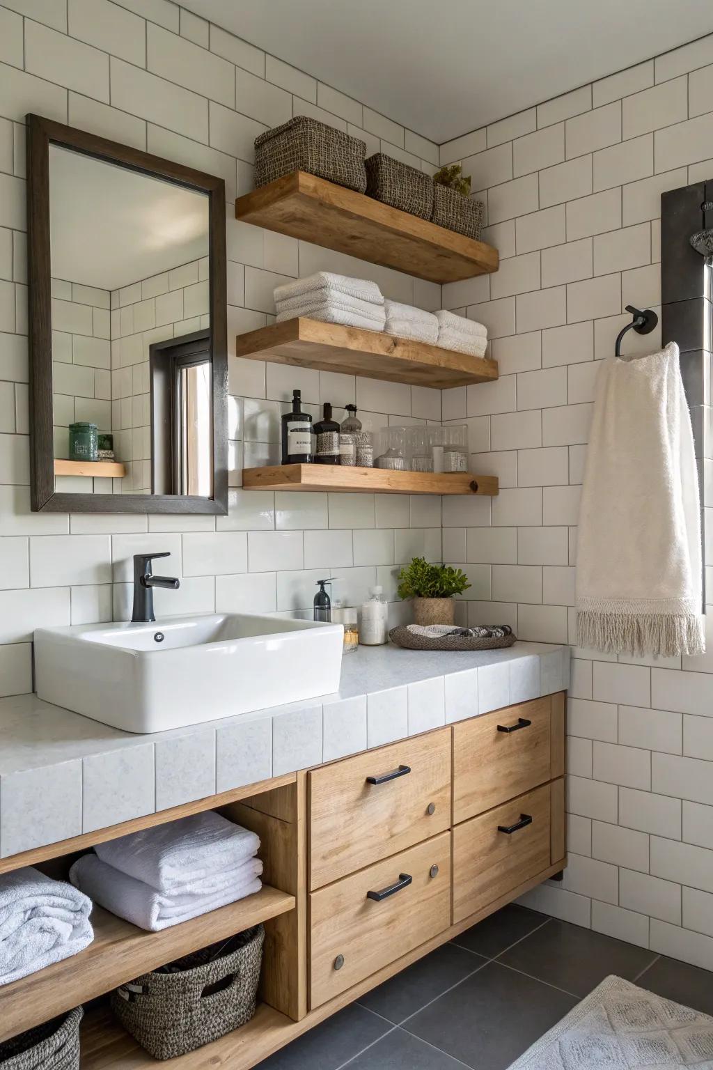 Floating shelves provide both functionality and style, perfect for a teen's bathroom.